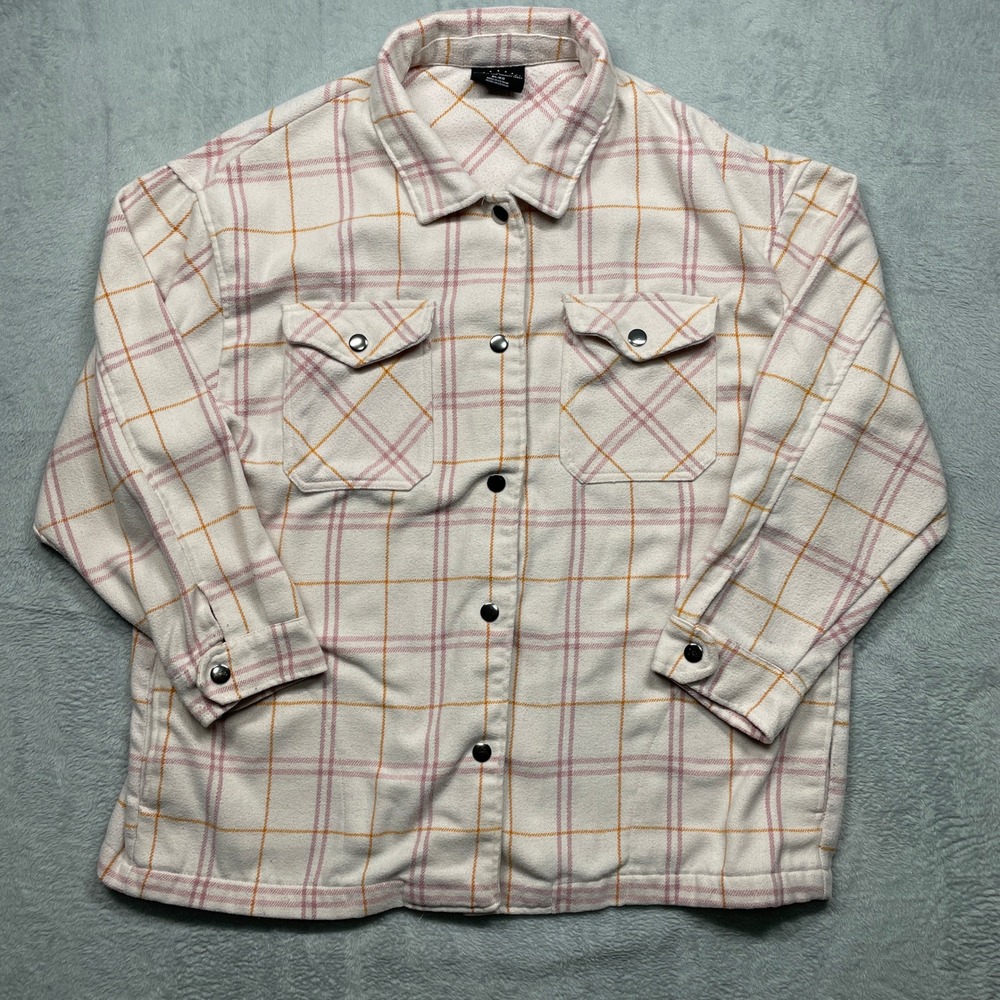 HFX Plaid Shacket Women XL Cream Pink Orange Button Front Wool Blend Jacket